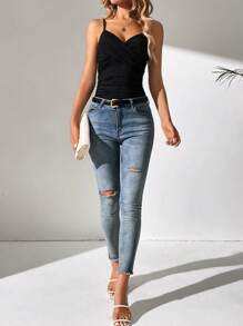 SHEIN Tall Top de tirantes unicolor fruncido - Negro - Ver 5