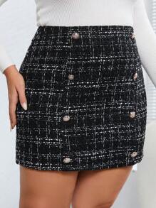 SHEIN Privé Hơn Chất rắn Nút giả Tweed Váy - màu đen - Xem 2