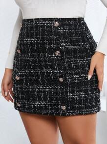 SHEIN Privé Hơn Chất rắn Nút giả Tweed Váy - màu đen - Xem 1