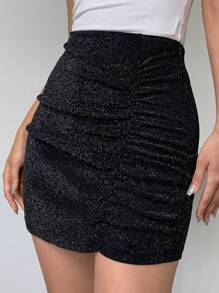 DAZY 高腰褶邊金屬亮絲包臀半身裙 - 黑色 - 查看 1
