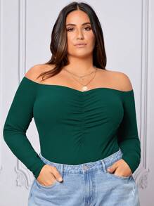SHEIN Privé Plus Off Shoulder Ruched Bodysuit - Dark Green - View 3