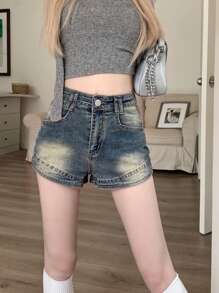 水洗高腰牛仔短裤，休闲夏季款 - 中等水洗藍 - 查看 1