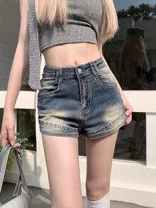 水洗高腰牛仔短裤，休闲夏季款 - 中等水洗藍 - 查看 3