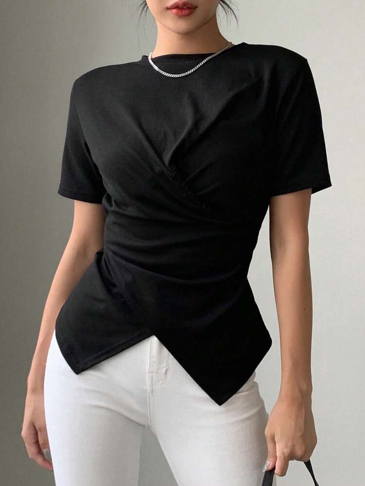 Solid Cross Wrap Asymmetrical Hem Tee