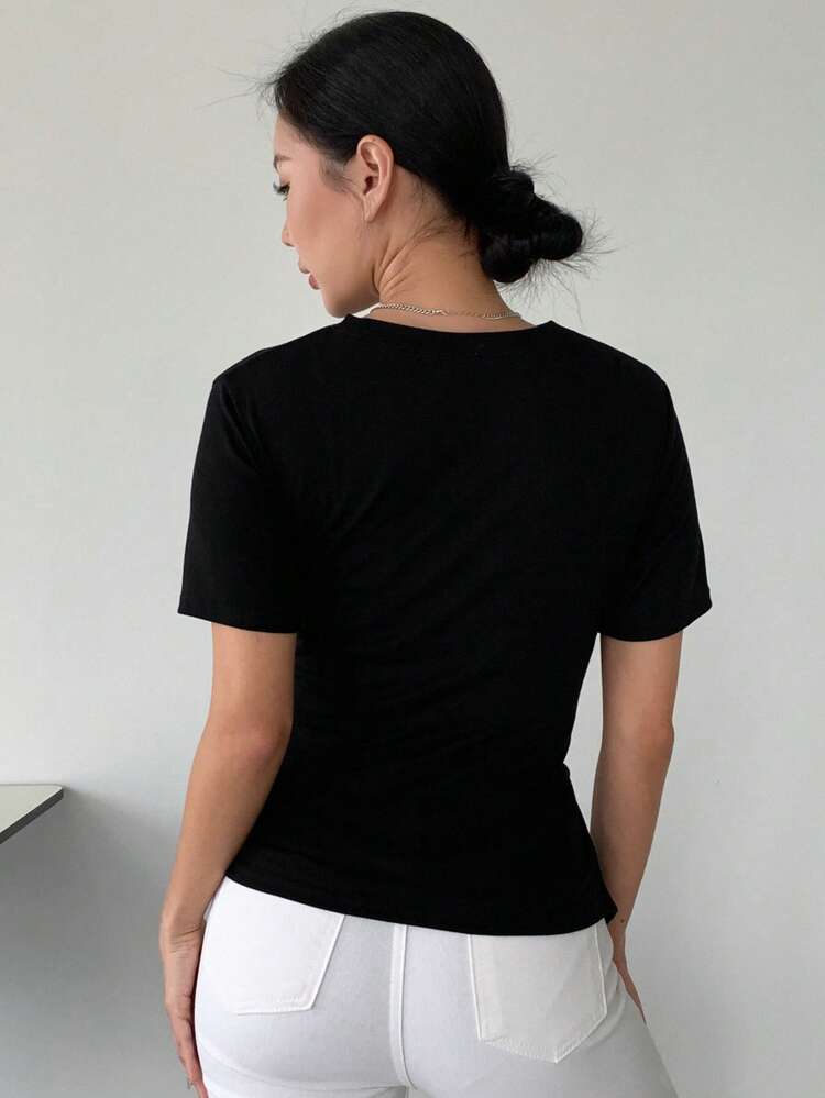Solid Cross Wrap Asymmetrical Hem Tee