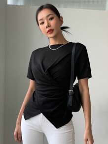 DAZY Solid Cross Wrap Asymmetrical Hem Tee - Black - View 3