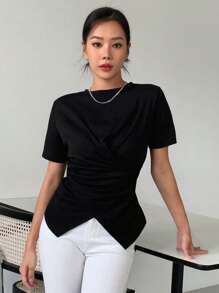 DAZY Solid Cross Wrap Asymmetrical Hem Tee - Black - View 6