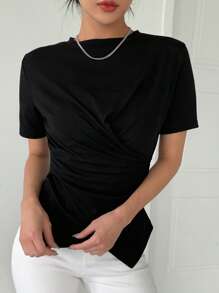 DAZY Solid Cross Wrap Asymmetrical Hem Tee - Black - View 7