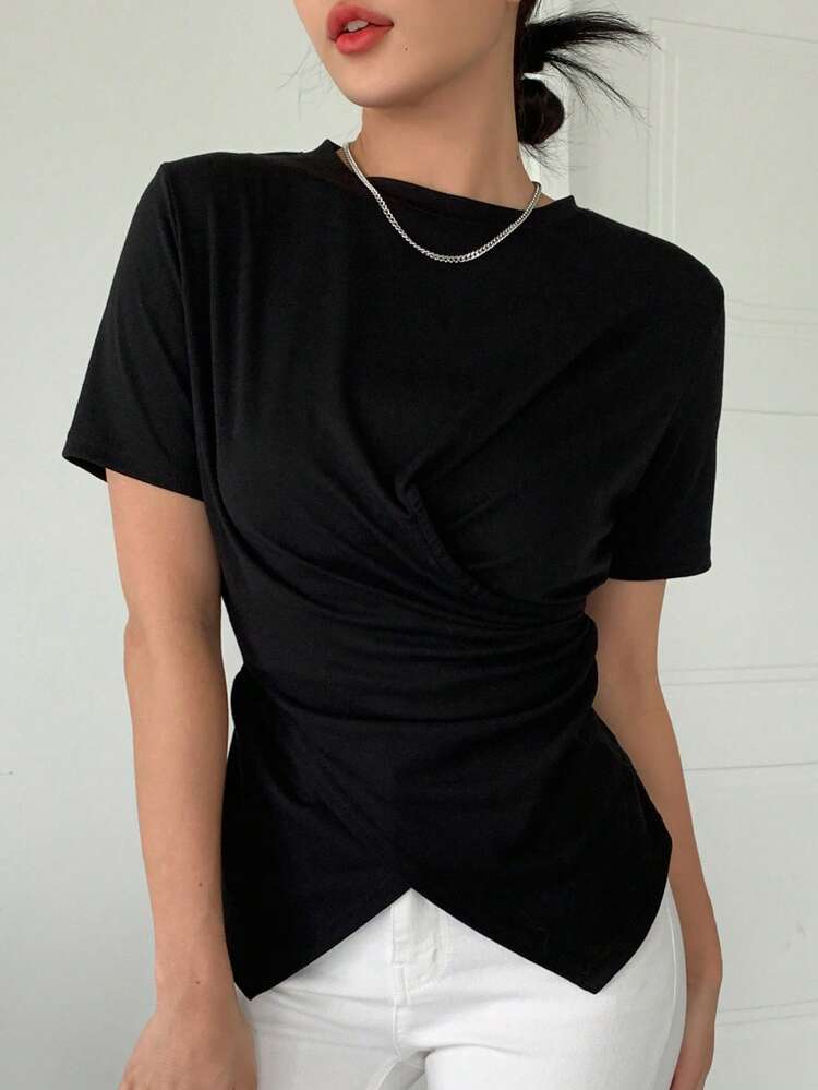 Solid Cross Wrap Asymmetrical Hem Tee