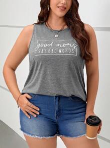 SHEIN LUNE 大碼標語圖案背心上衣 - 深灰色 - 查看 1