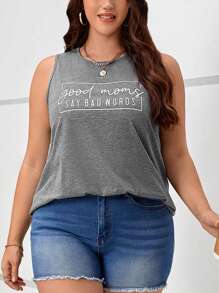 SHEIN LUNE 大碼標語圖案背心上衣 - 深灰色 - 查看 3