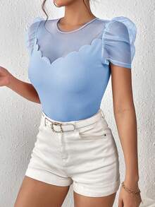 SHEIN Privé Contrast Mesh Puff Sleeve Scallop Trim Tee - Baby Blue - View 3