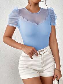 SHEIN Privé Contrast Mesh Puff Sleeve Scallop Trim Tee - Baby Blue - View 5