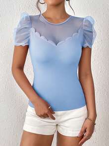 SHEIN Privé Contrast Mesh Puff Sleeve Scallop Trim Tee - Baby Blue - View 6