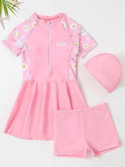 3pcs Girls' Swimsuit Set: Short Sleeve Dress-Style Shorts & Swim Cap
