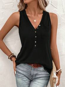 SHEIN LUNE Half Button Patched Pocket Tank Top - Black - View 4