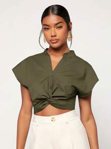 SHEIN Essnce Mặt trước xoắn tay cánh Áo sơ mi Crop - xanh quân đội - Xem 1