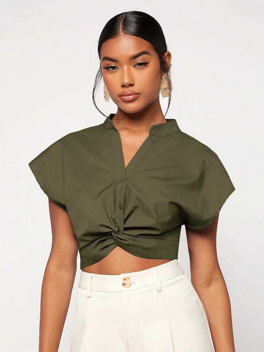 SHEIN Essnce Mặt trước xoắn tay cánh Áo sơ mi Crop - xanh quân đội - Xem 1