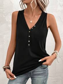 SHEIN LUNE Half Button Patched Pocket Tank Top - Black - View 8