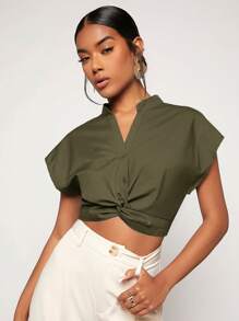 SHEIN Essnce Mặt trước xoắn tay cánh Áo sơ mi Crop - xanh quân đội - Xem 3