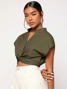 SHEIN Essnce Mặt trước xoắn tay cánh Áo sơ mi Crop - xanh quân đội - Xem 4