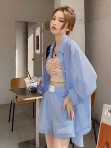 豎條紋闊腿短褲 - 藍色 - 查看 5