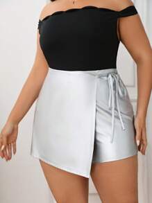 SHEIN Essnce 大碼側打結圍裹PU皮革裙裤 - 銀色 - 查看 3