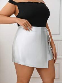 SHEIN Essnce 大碼側打結圍裹PU皮革裙裤 - 銀色 - 查看 4