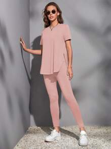 SHEIN Essnce 開衩側素色T恤&緊身打底褲 - 淺粉色 - 查看 1