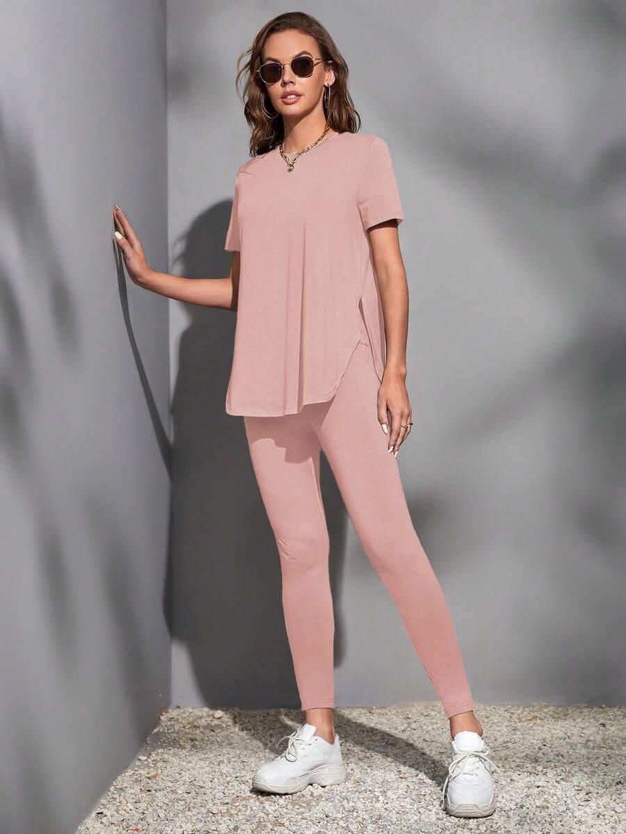 SHEIN Essnce 開衩側素色T恤&緊身打底褲 - 淺粉色 - 查看 1