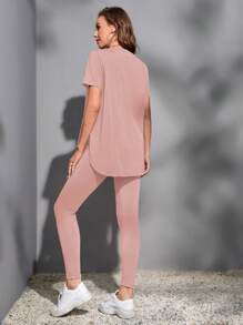 SHEIN Essnce 開衩側素色T恤&緊身打底褲 - 淺粉色 - 查看 2