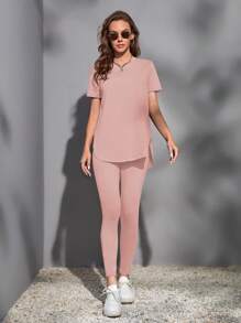 SHEIN Essnce 開衩側素色T恤&緊身打底褲 - 淺粉色 - 查看 3