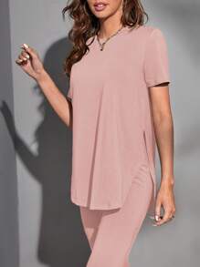 SHEIN Essnce 開衩側素色T恤&緊身打底褲 - 淺粉色 - 查看 4