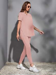 SHEIN Essnce 開衩側素色T恤&緊身打底褲 - 淺粉色 - 查看 5