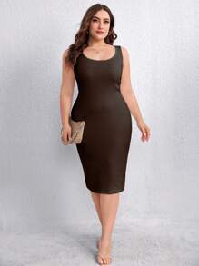 SHEIN Privé Hơn Chất rắn Váy Bodycon Tank - Màu nâu Sô-cô-la - Xem 1