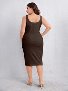 SHEIN Privé Hơn Chất rắn Váy Bodycon Tank - Màu nâu Sô-cô-la - Xem 2