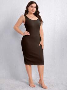 SHEIN Privé Hơn Chất rắn Váy Bodycon Tank - Màu nâu Sô-cô-la - Xem 4