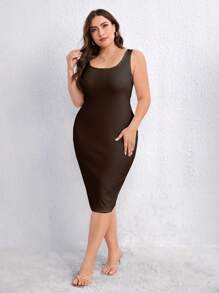 SHEIN Privé Hơn Chất rắn Váy Bodycon Tank - Màu nâu Sô-cô-la - Xem 5