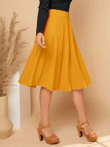 SHEIN Essnce Solid High Waist Flare Skirt - Mustard Yellow - View 4