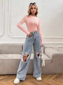 SHEIN Essnce Body unicolor tejido de canalé - Rosa Pálido - Ver 4