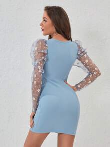 SHEIN Privé Vestido ajustado de malla en contraste de manga gigot - Celeste - Ver 2