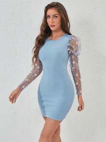SHEIN Privé Vestido ajustado de malla en contraste de manga gigot - Celeste - Ver 4