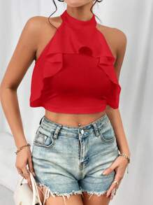 SHEIN Privé 荷葉邊繞頸短上衣 - 紅色 - 查看 4