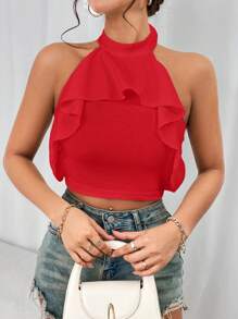 SHEIN Privé 荷葉邊繞頸短上衣 - 紅色 - 查看 5