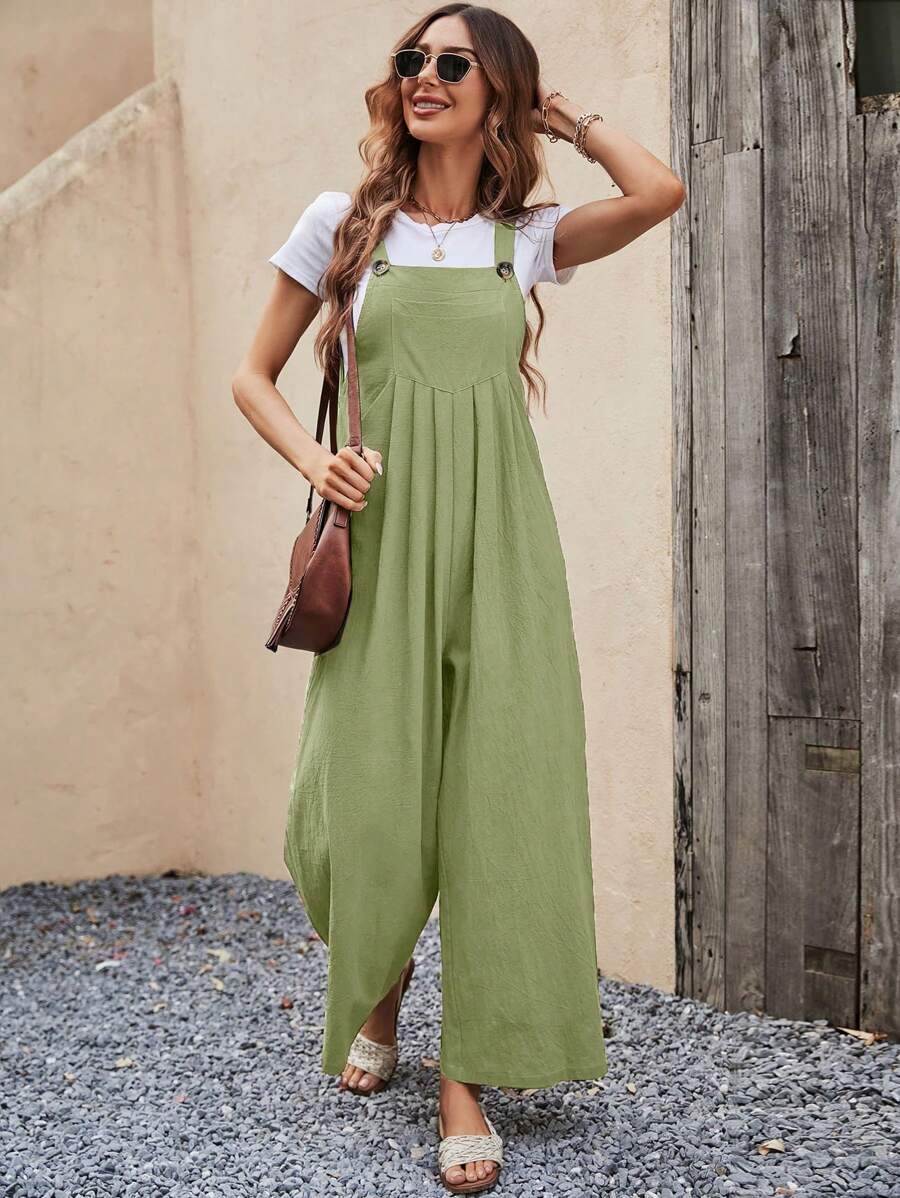 SHEIN VCAY Mono overol unicolor de pierna ancha sin camiseta - Verde - Ver 1