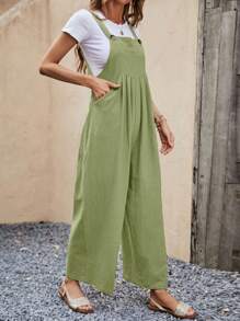 SHEIN VCAY Mono overol unicolor de pierna ancha sin camiseta - Verde - Ver 3