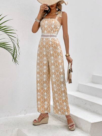 SHEIN VCAY Allover Print Tie Shoulder Cami Jumpsuit
