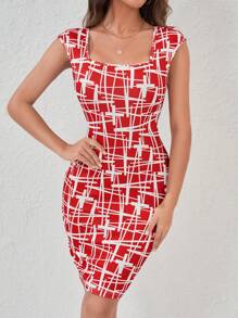 SHEIN Privé 幾何印花皇后領緊身洋裝 - 紅白色 - 查看 1