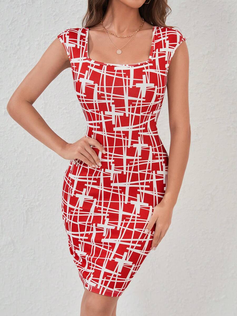 SHEIN Privé 幾何印花皇后領緊身洋裝 - 紅白色 - 查看 1