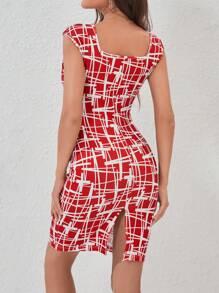 SHEIN Privé 幾何印花皇后領緊身洋裝 - 紅白色 - 查看 2